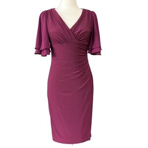 Lauren Ralph Lauren Dress 2P Purple Ruched Flutter Sleeve V-Neck Petite Sheath